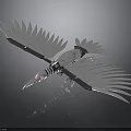Mechanical Bird Flying With Silver Feather Like Wings And Mechanical Details On Black Background