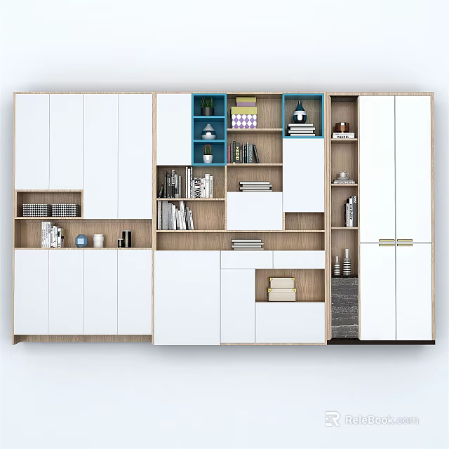 Modern White and Wooden Bookcase with Multiple Compartments and Decorative Items 3d model