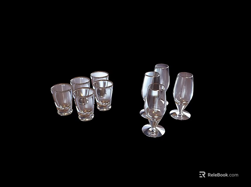 Transparent Glass Cups With Different Styles Including Goblets And Tumblers Arranged On Black Background 3d model 