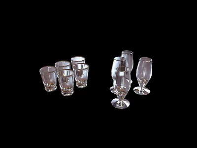 Transparent Glass Cups With Different Styles Including Goblets And Tumblers Arranged On Black Background 3d model