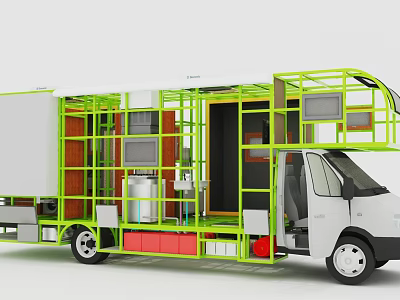 Functional Vehicle With Modified Interior Green Frame Open Design And Workspace Equipment 3d model