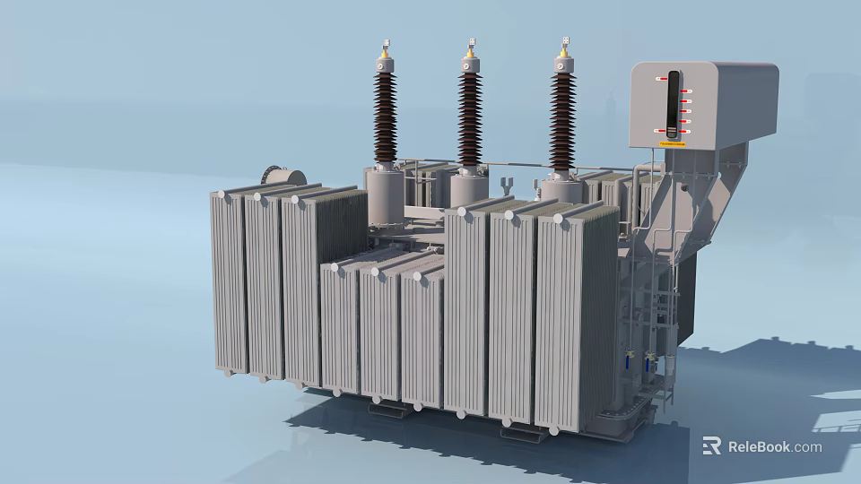 Industrial Power Transformer Equipment Featuring Radiator Fins Bushings And Control Cabinet For Industrial Power Distribution 3d model 