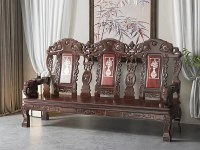 Chinese Style Wooden Two Seater Sofa With Carved Design And Red White Inlaid Backrest 3d model