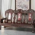 Chinese Style Wooden Two Seater Sofa With Carved Design And Red White Inlaid Backrest