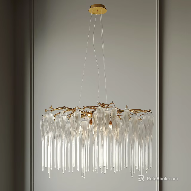 Elegant Crystal Chandelier With Transparent Glass Strips And Golden Metal Hanging In Modern Interior 3d model 