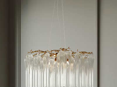 Elegant Crystal Chandelier With Transparent Glass Strips And Golden Metal Hanging In Modern Interior 3d model