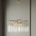 Elegant Crystal Chandelier With Transparent Glass Strips And Golden Metal Hanging In Modern Interior
