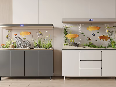 Modern Aquarium Tanks With Colorful Fish Aquatic Plants And Decorative Rocks On Grey White Cabinets 3d model