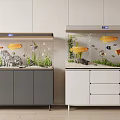 Modern Aquarium Tanks With Colorful Fish Aquatic Plants And Decorative Rocks On Grey White Cabinets