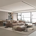 Modern Living Room Interior With Brown Sofa Large Windows Bookshelves And Accent Chair