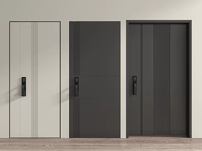 Three Modern Security Doors With White Gray Black Colors Panel Designs And Safety Locks 3d model