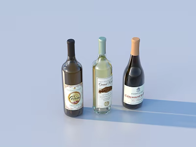 Three Wine Bottles In Dark Brown Light Green With Different Labels On Light Blue Background 3d model
