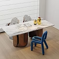 Modern Minimalist Dining Table Set With Marble Top Copper Legs And Blue Chair Vases Books