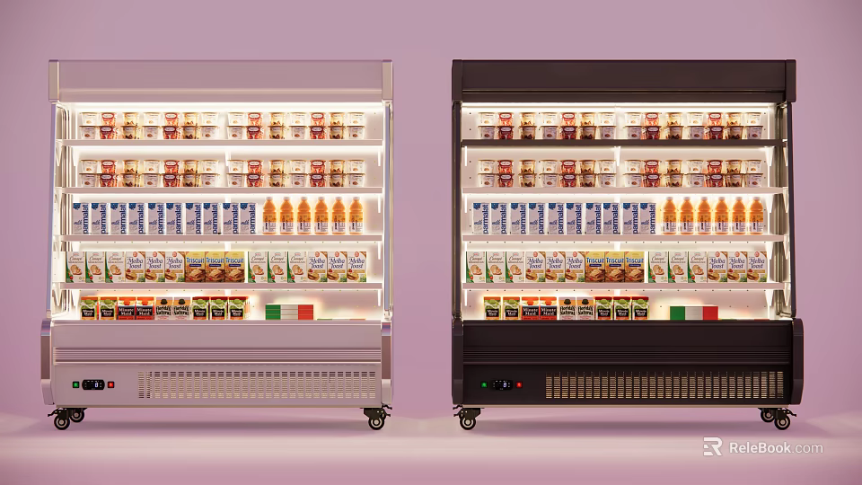 Two Commercial Refrigerated Display Freezers Filled With Various Beverages And Foods 3d model 