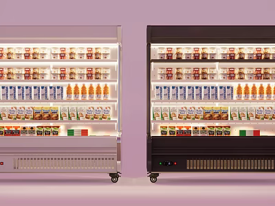 Two Commercial Refrigerated Display Freezers Filled With Various Beverages And Foods 3d model