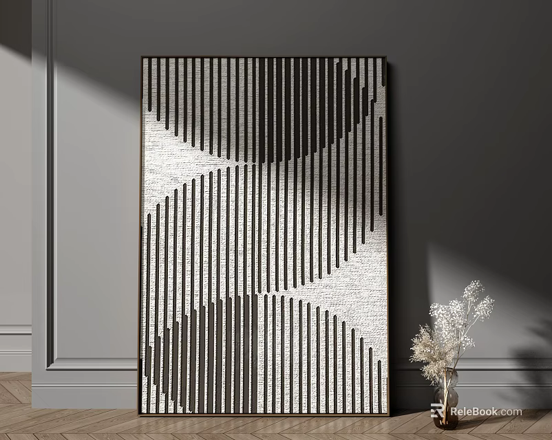 Modern Abstract Wall Art with Black White Stripes Circular Patterns and Vase on Gray Wall 3d model