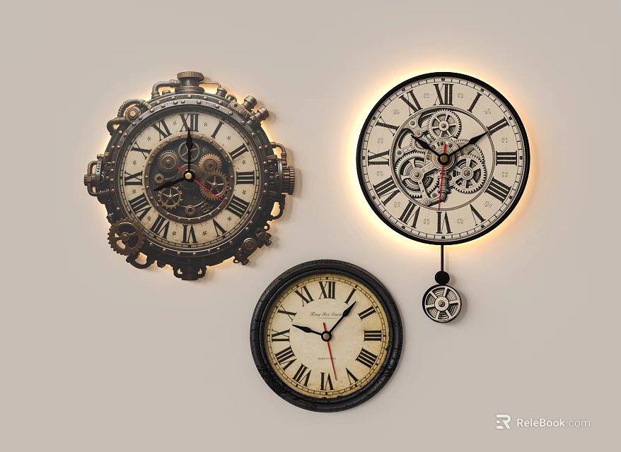Vintage Wall Clocks Featuring Decorative Gears Retro Designs And Multiple Styles 3d model 