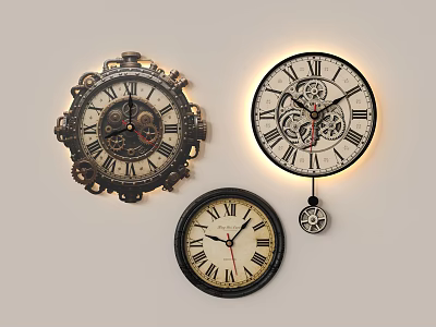 Vintage Wall Clocks Featuring Decorative Gears Retro Designs And Multiple Styles 3d model