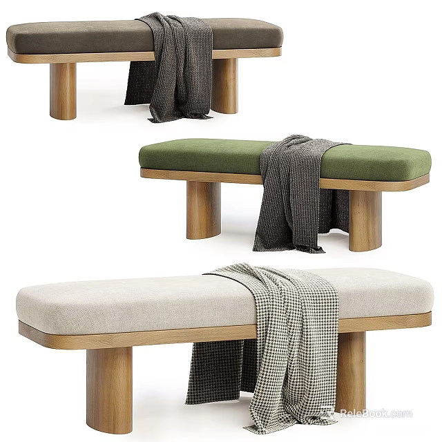 Stylish Bed End Bench With Green Beige Cushions Wooden Legs And Soft Blankets 3d model 