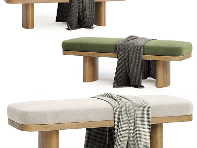 Stylish Bed End Bench With Green Beige Cushions Wooden Legs And Soft Blankets 3d model