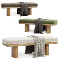Stylish Bed End Bench With Green Beige Cushions Wooden Legs And Soft Blankets
