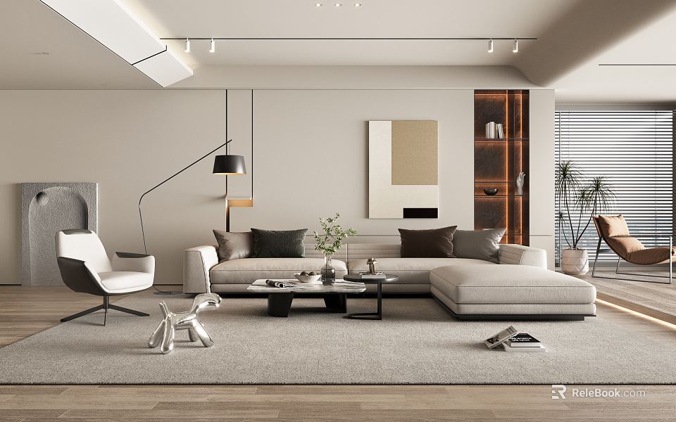 Modern Living Room Interior With Beige Sofa Coffee Table Floor Lamp Artwork And Potted Plant 3d model 