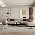 Modern Living Room Interior With Beige Sofa Coffee Table Floor Lamp Artwork And Potted Plant