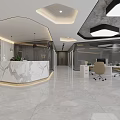 Modern Front Desk Reception Area With Marble Counter Stone Wall Accent Lighting And Potted Plant