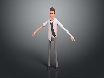 3D Model of Standing Man with Arms Outstretched in White Shirt Tie and Gray Pants 3d model