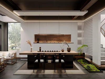 Modern Tea Room Interior With Wooden Table Chairs Green Plants And Natural Light 3d model