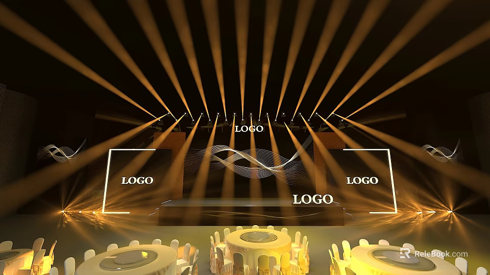 Elegant Stage Setup With Golden Lighting Beams LOGO And Round Tables 3d model 