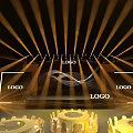 Elegant Stage Setup With Golden Lighting Beams LOGO And Round Tables