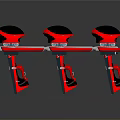 Three Red and Black Mechanical Devices With Structured Components And Reflective Bases