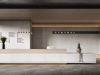 Modern Front Desk Reception With Central Signage Pendant Lights And Green Plant Decor 3d model