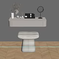 White Wall Mounted Dressing Table With Round Mirror Vase And Upholstered Stool On Herringbone Floor