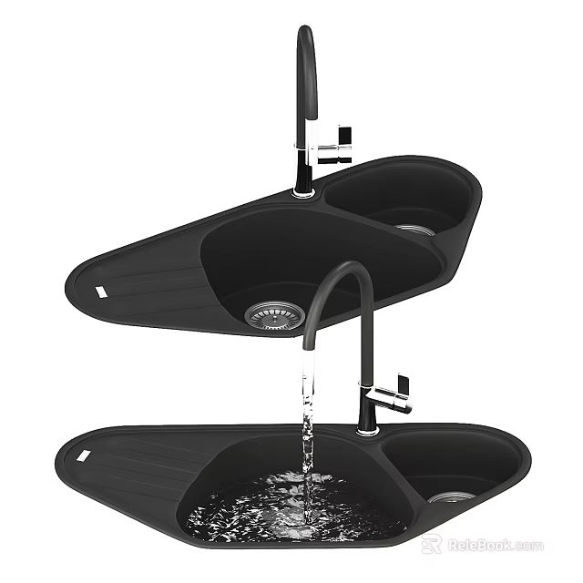 Black Double Bowl Kitchen Sink With Faucet And Drainer For Modern Kitchen 3d model 