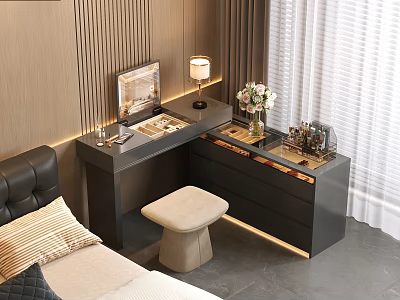 Modern Black Dressing Table With Table Lamp Flower Arrangement And Stool In Bedroom 3d model