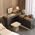 Modern Black Dressing Table With Table Lamp Flower Arrangement And Stool In Bedroom