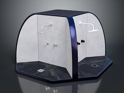 Modern Shower Enclosure Interior Design With Curved Black Frame Dual Showerheads And Marble Floor 3d model