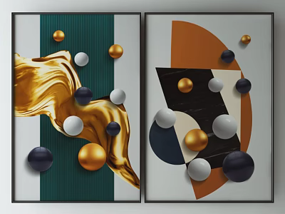 Set of Abstract Wall Art With Golden Fluid Shapes Spheres And Geometric Patterns 3d model