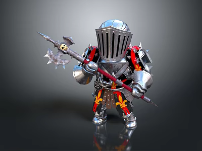 Decorative Knight Figurine In Silver Armor With Red Gold Details And Weapon 3d model