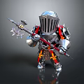 Decorative Knight Figurine In Silver Armor With Red Gold Details And Weapon