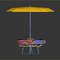 Outdoor Furniture Set With Yellow Umbrella Round Table And Colorful Chairs With Blue Legs