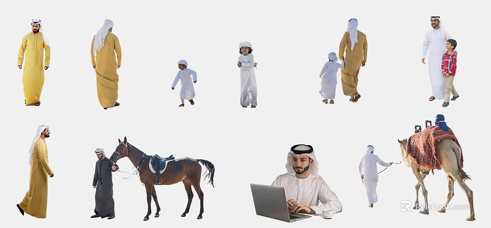 Group of People in Traditional Arab Attire Including Adults Children with Horse and Laptop User 3d model 