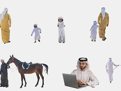 Group of People in Traditional Arab Attire Including Adults Children with Horse and Laptop User 3d model