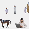 Group of People in Traditional Arab Attire Including Adults Children with Horse and Laptop User