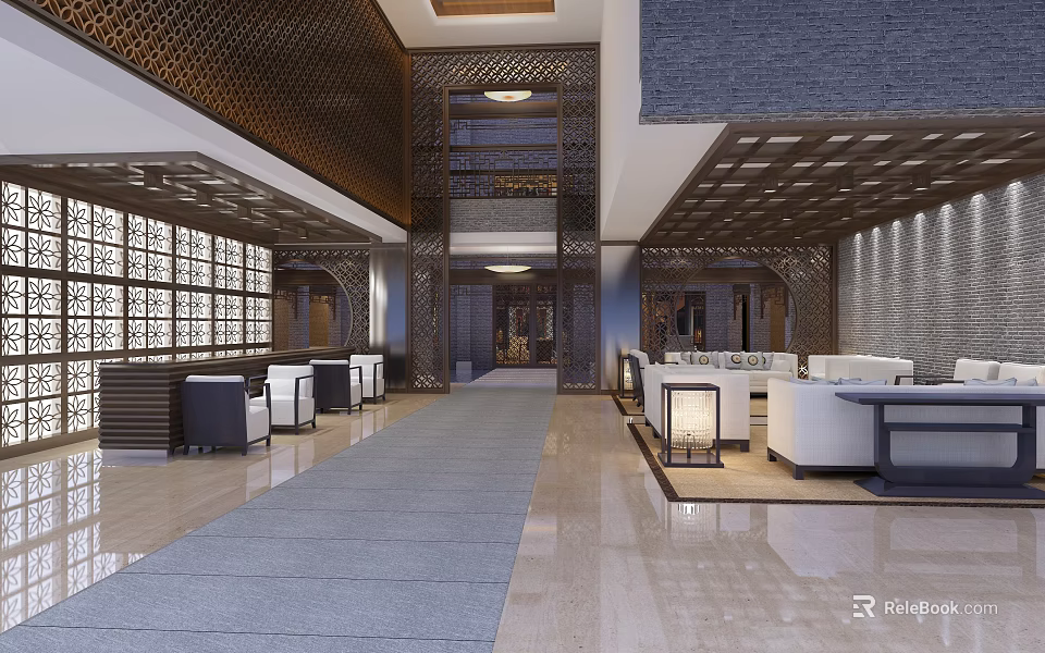 Modern Hotel Lobby With Chinese Design Elements Spacious Area Marble Flooring Sofa And Decorative Lighting 3d model 