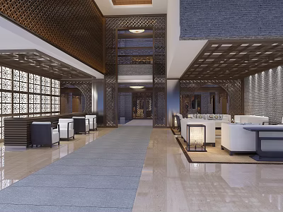 Modern Hotel Lobby With Chinese Design Elements Spacious Area Marble Flooring Sofa And Decorative Lighting 3d model
