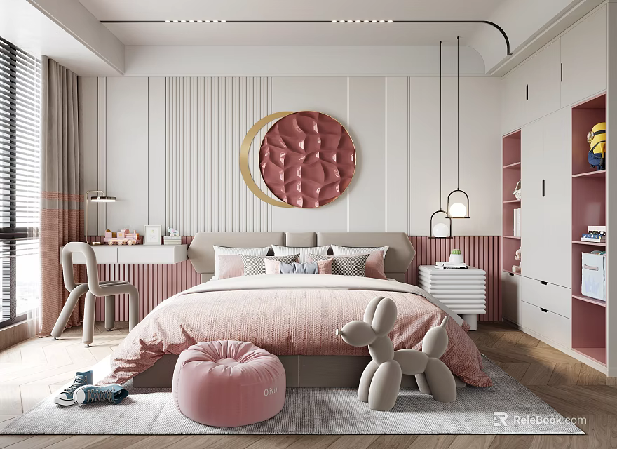 Kids Room Interior Design With Pink Bed Pink Moon Decor And Gray Rabbit Plush Toy 3d model 