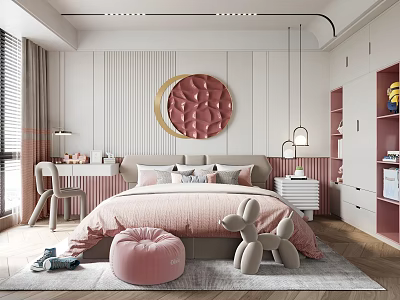 Kids Room Interior Design With Pink Bed Pink Moon Decor And Gray Rabbit Plush Toy 3d model